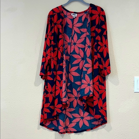 LuLaRoe Lindsay Kimono Sweater Women Black Red Floral Cardigan Open Front top L - Picture 1 of 5